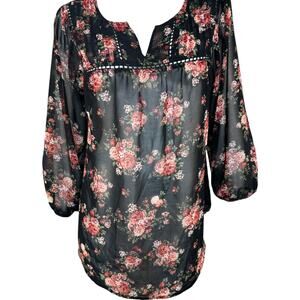 Mine Womens Large Black Floral Sheer 3/4 Length Sleeve Blouse
